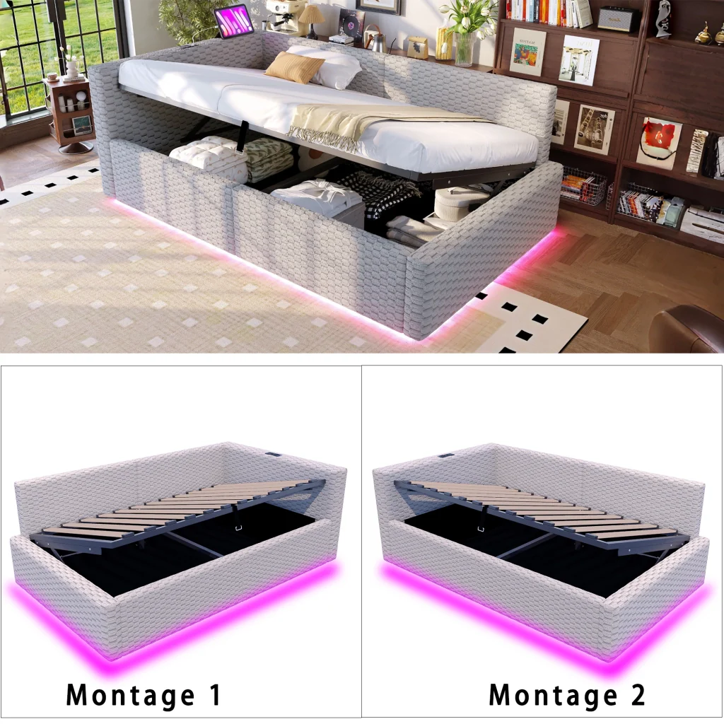 Letto imbottito 90 x 200 cm grigio LED USB-C+due USB retro a L velluto telaio idraulico (senza materasso) - Image 6