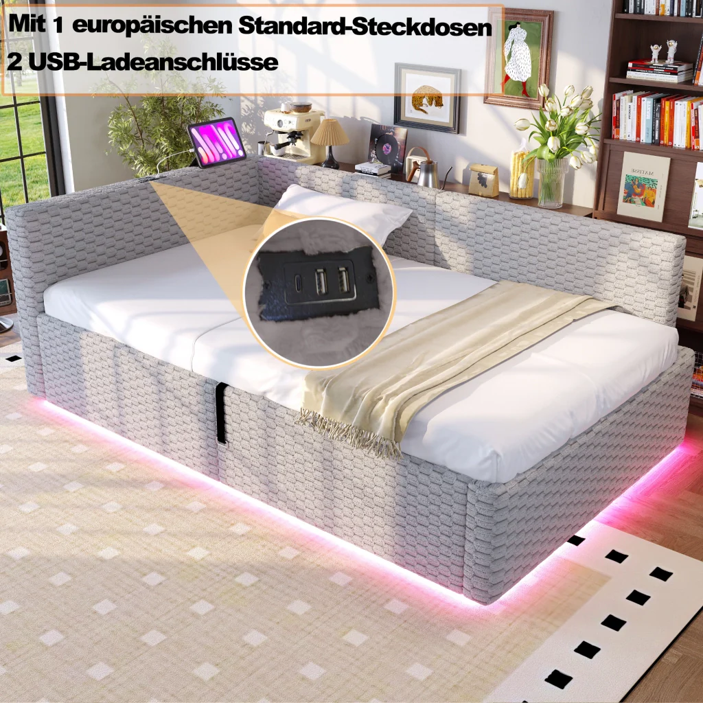 Letto imbottito 90 x 200 cm grigio LED USB-C+due USB retro a L velluto telaio idraulico (senza materasso) - Image 7