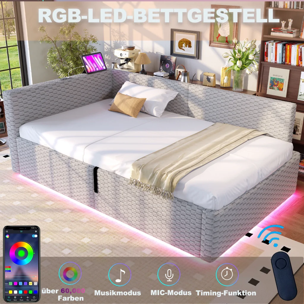 Letto imbottito 90 x 200 cm grigio LED USB-C+due USB retro a L velluto telaio idraulico (senza materasso) - Image 8