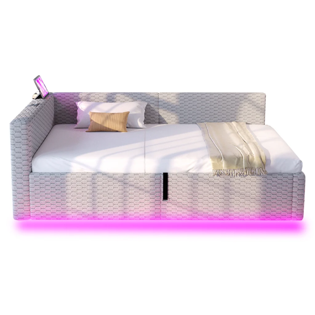Letto imbottito 90 x 200 cm grigio LED USB-C+due USB retro a L velluto telaio idraulico (senza materasso) - Image 9