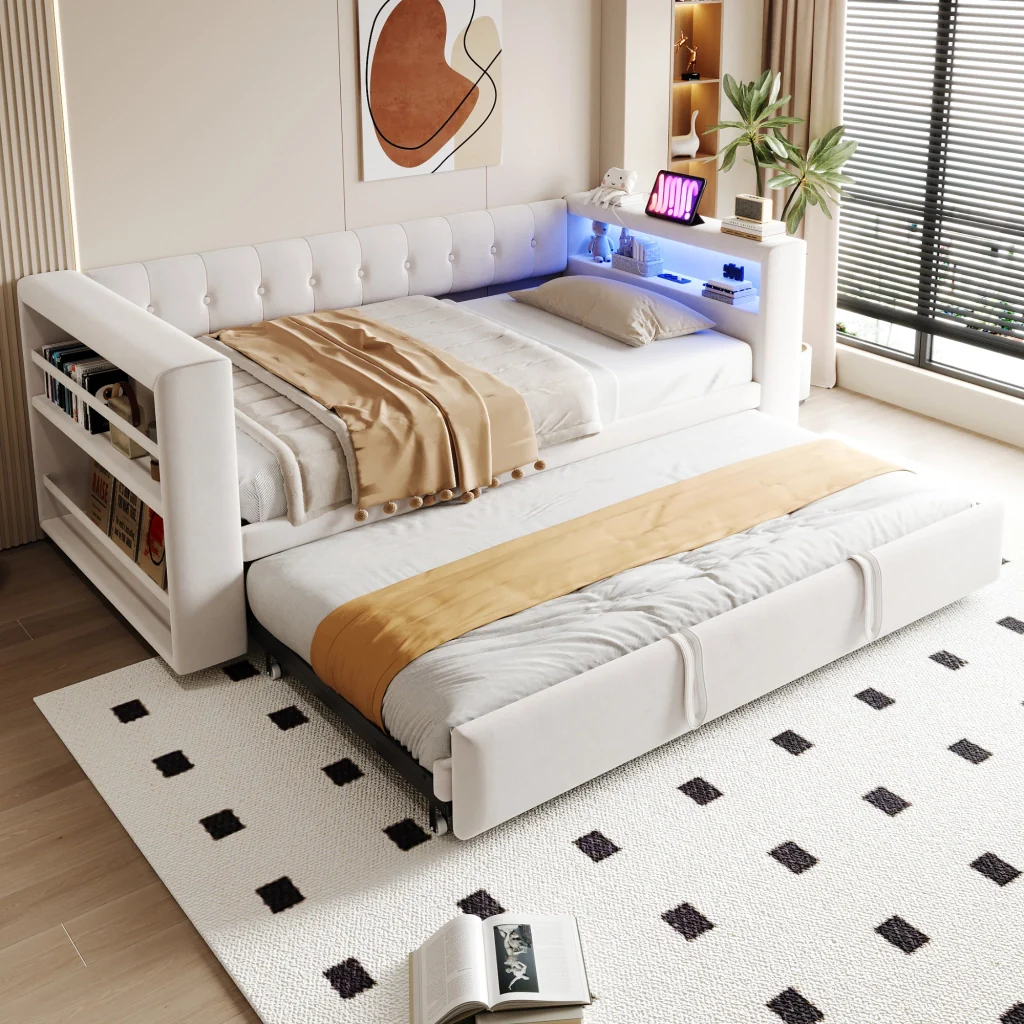 Letto imbottito beige 90/180×190 cm LED preniche grande spazio di stoccaggio multifunzionale divano letto singolo - Image 2