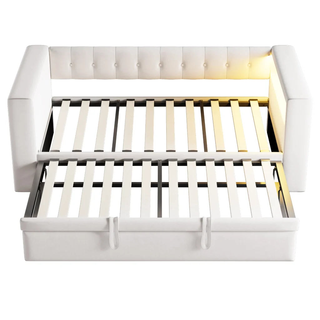 Letto imbottito beige 90/180×190 cm LED preniche grande spazio di stoccaggio multifunzionale divano letto singolo - Image 7