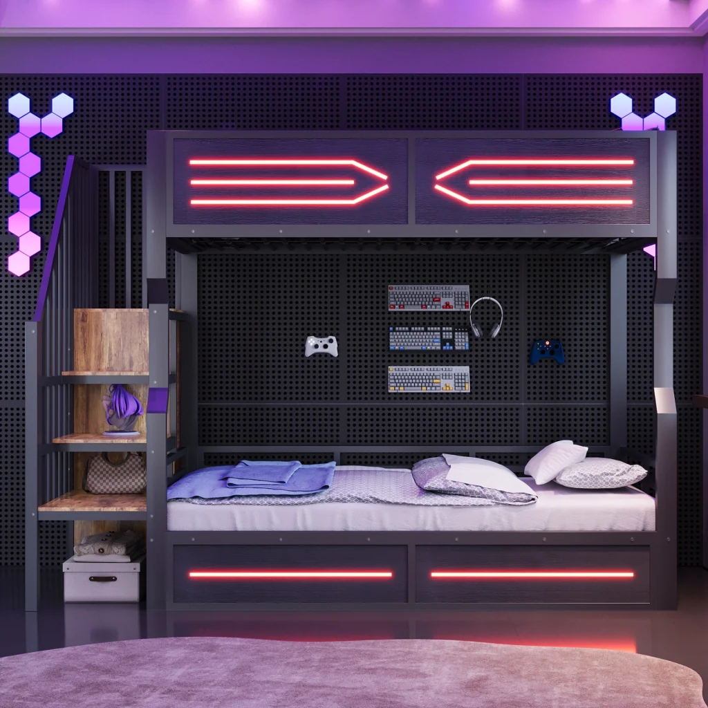 Letto in ferro 90 × 200 cm nero spazio di stoccaggio armadio a scala LED corrimano alto letto a castello giovanile - Image 2