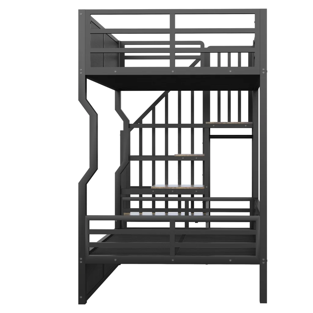 Letto in ferro 90 × 200 cm nero spazio di stoccaggio armadio a scala LED corrimano alto letto a castello giovanile - Image 9