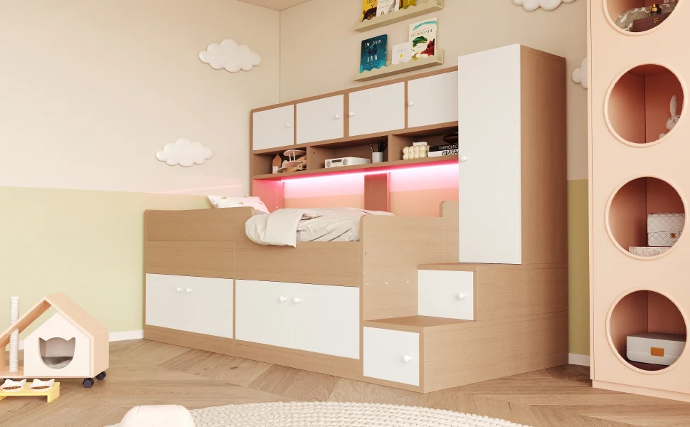Letto in legno 90×200 cm color legno ripostiglie armadio scala facile LED e corrimano di sicurezza - Image 6