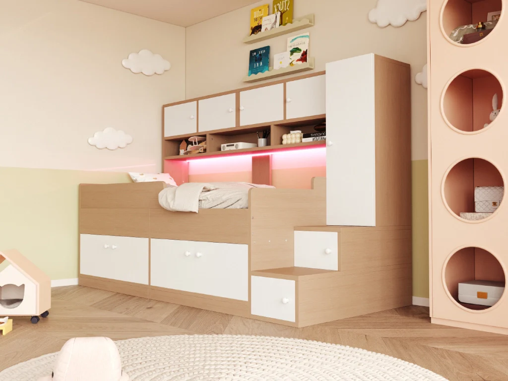 Letto in legno 90×200 cm color legno ripostiglie armadio scala facile LED e corrimano di sicurezza - Image 7