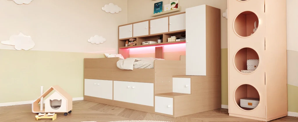 Letto in legno 90×200 cm color legno ripostiglie armadio scala facile LED e corrimano di sicurezza - Image 8