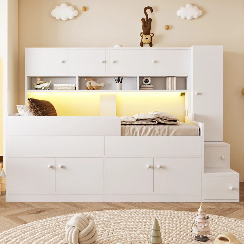 Letto in legno bianco 90×200 cm spazio ripostiglio armadio scala pratica LED e ringhiera di sicurezza - Image 2