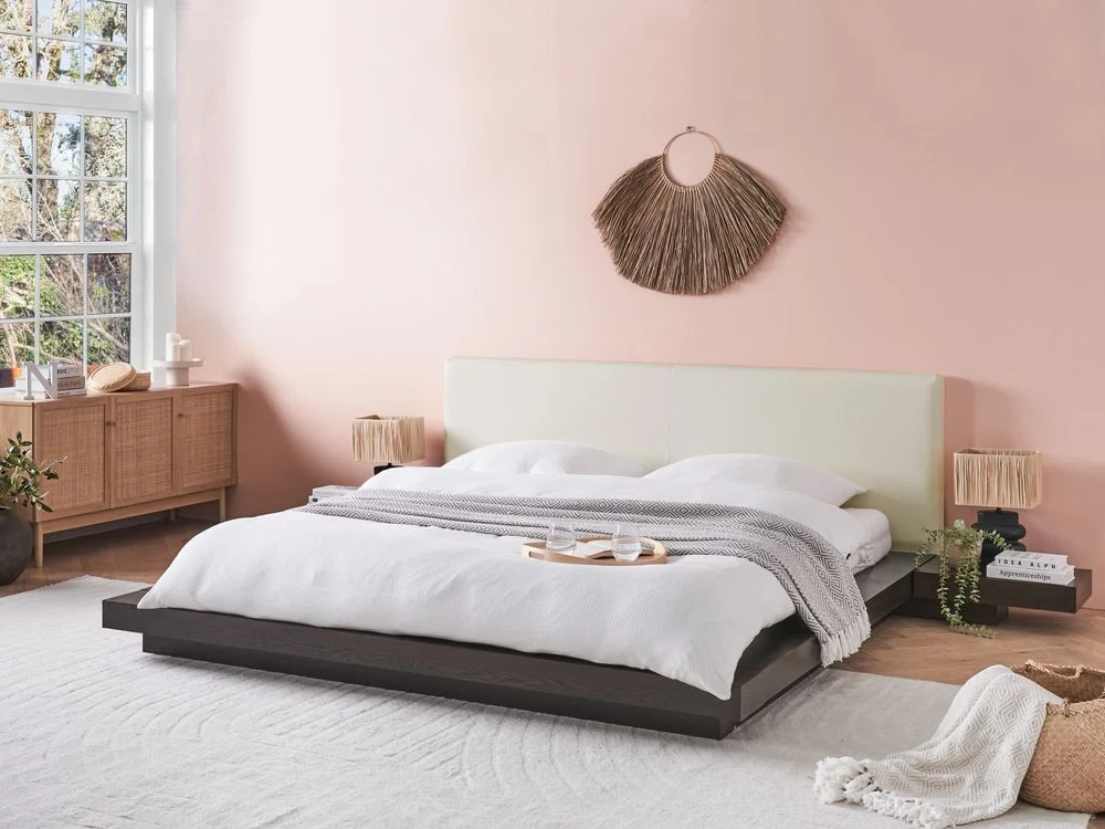 Letto in stile giapponese in frassino scuro 180 x 200 cm testata in legno impiallacciato MDF testata in pelliccia sintetica - Image 3