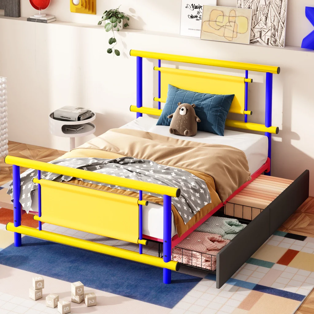 Letto in metallo per bambini 90*200 con cassetti struttura in acciaio letto a piattaforma per bambini che risparmia spazio