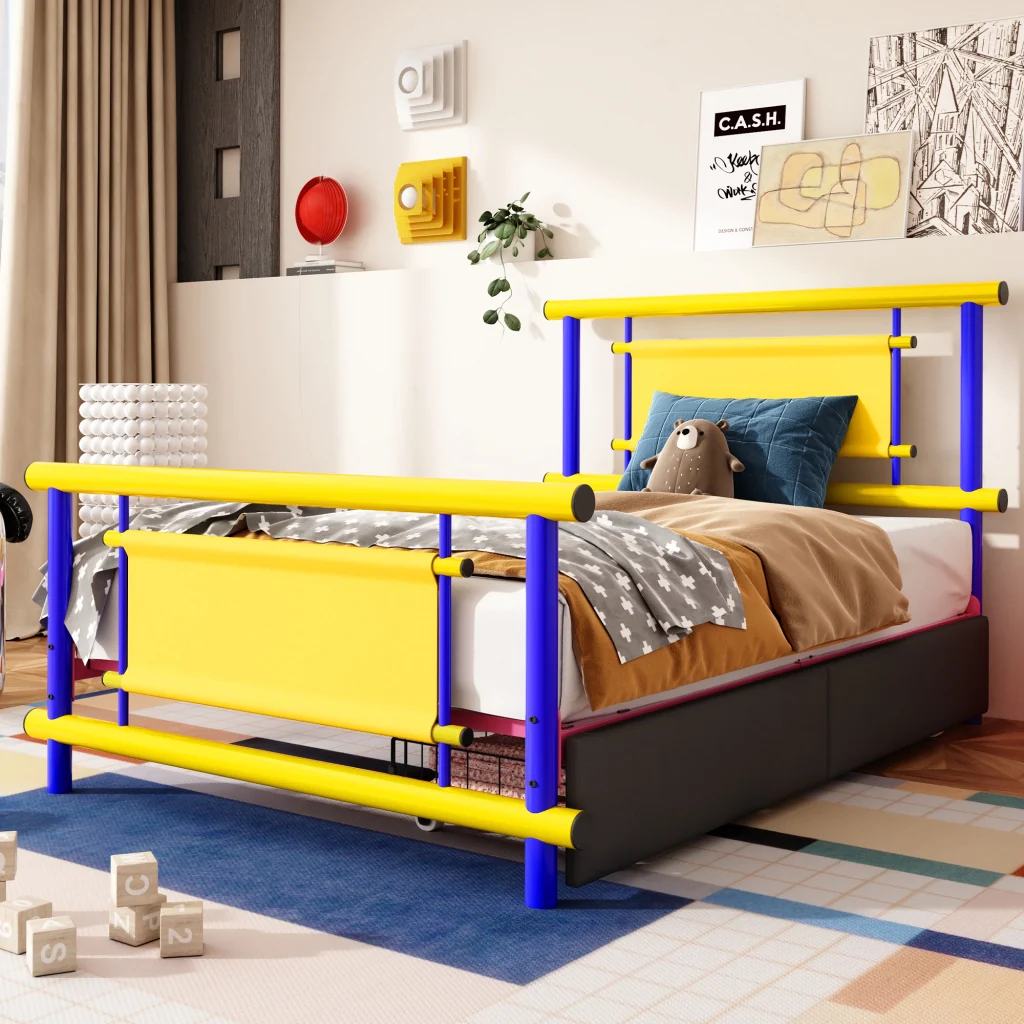 Letto in metallo per bambini 90*200 con cassetti struttura in acciaio letto a piattaforma per bambini che risparmia spazio - Image 2