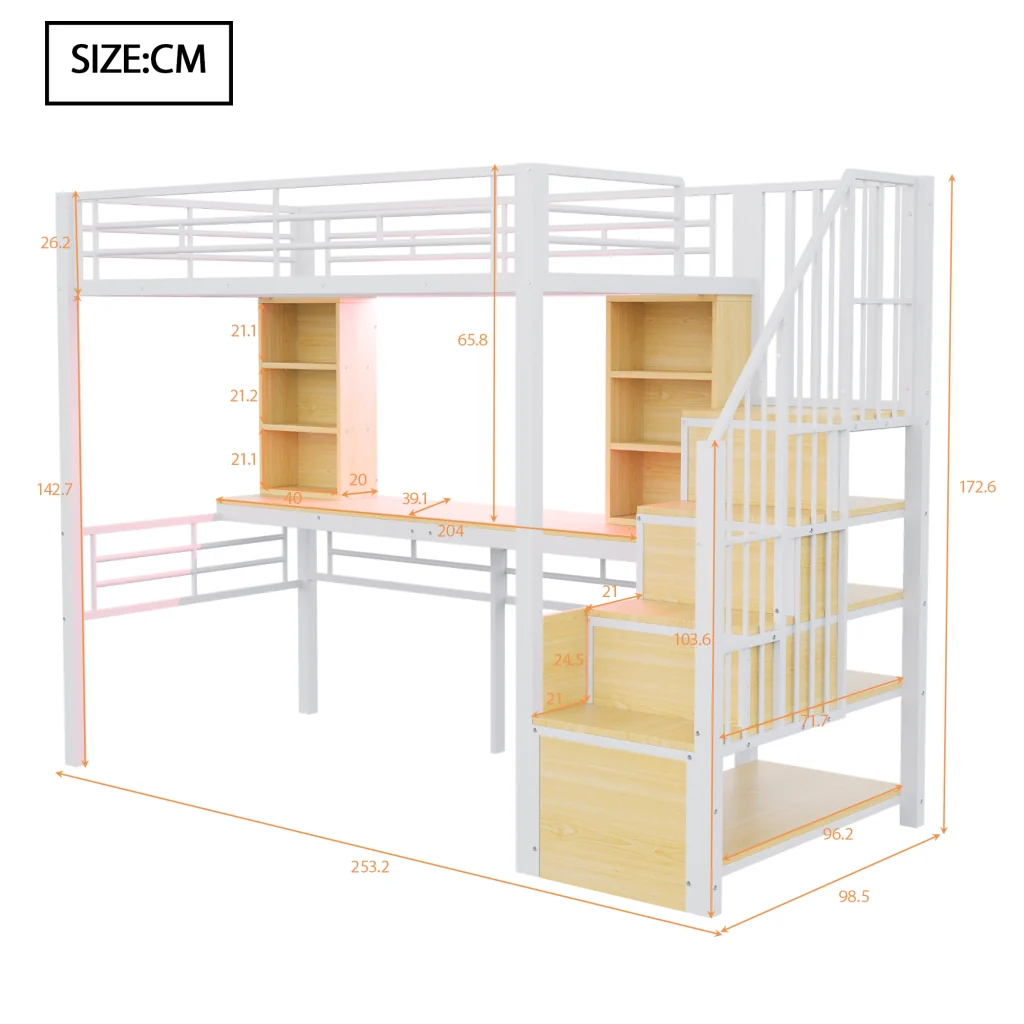 Letto in soffitta 90 × 200 cm bianco mensole scrivania presa europea LED scala di deposito e corrimano alto - Image 8