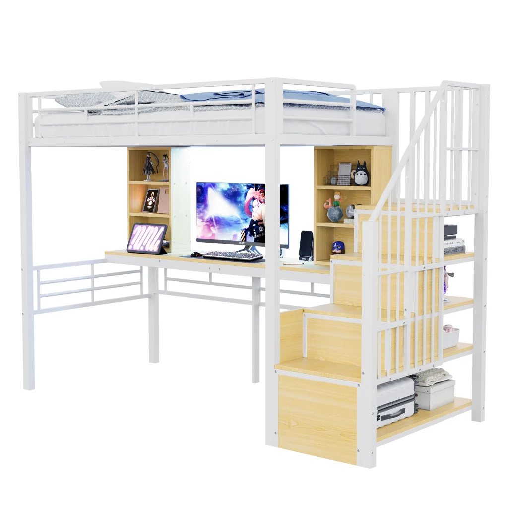 Letto in soffitta 90 × 200 cm bianco mensole scrivania presa europea LED scala di deposito e corrimano alto - Image 9