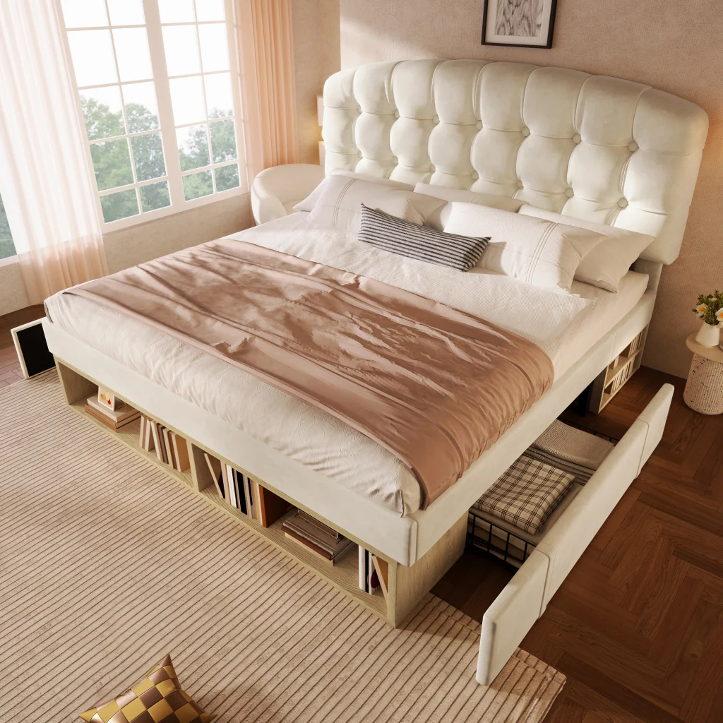 Letto matrimoniale 140x190 rivestito in velluto beige testiera cassetti regolabili e deposito base a listelli (senza materasso)