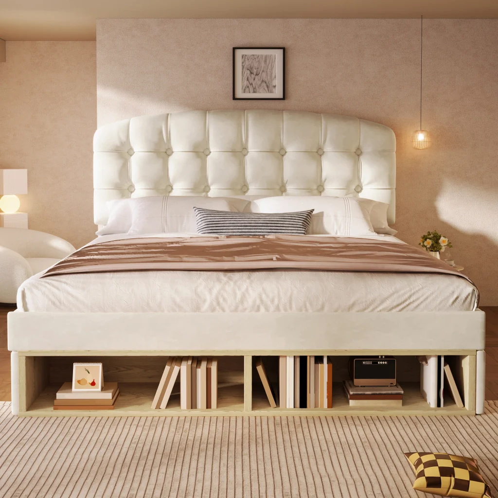 Letto matrimoniale 140x190 rivestito in velluto beige testiera cassetti regolabili e deposito base a listelli (senza materasso) - Image 10
