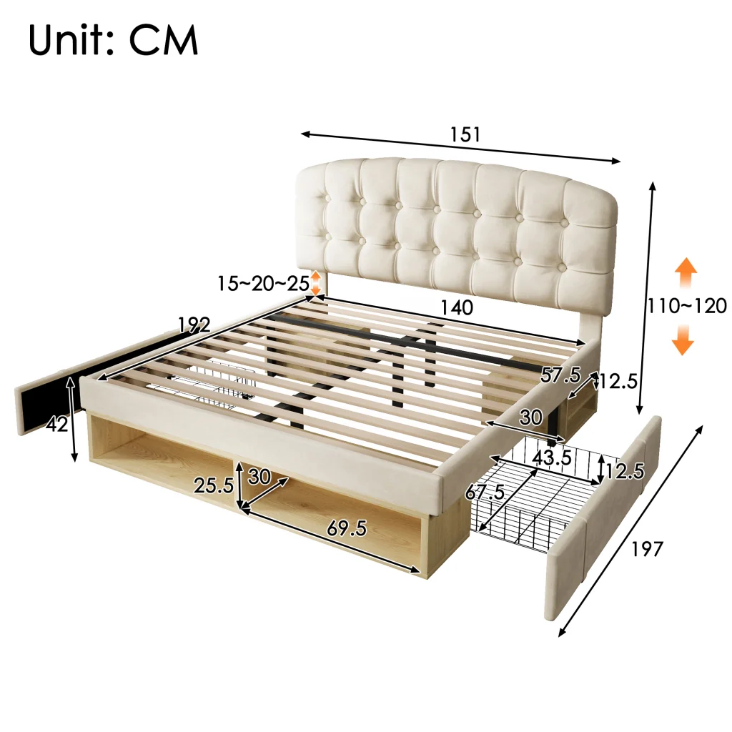 Letto matrimoniale 140x190 rivestito in velluto beige testiera cassetti regolabili e deposito base a listelli (senza materasso) - Image 2
