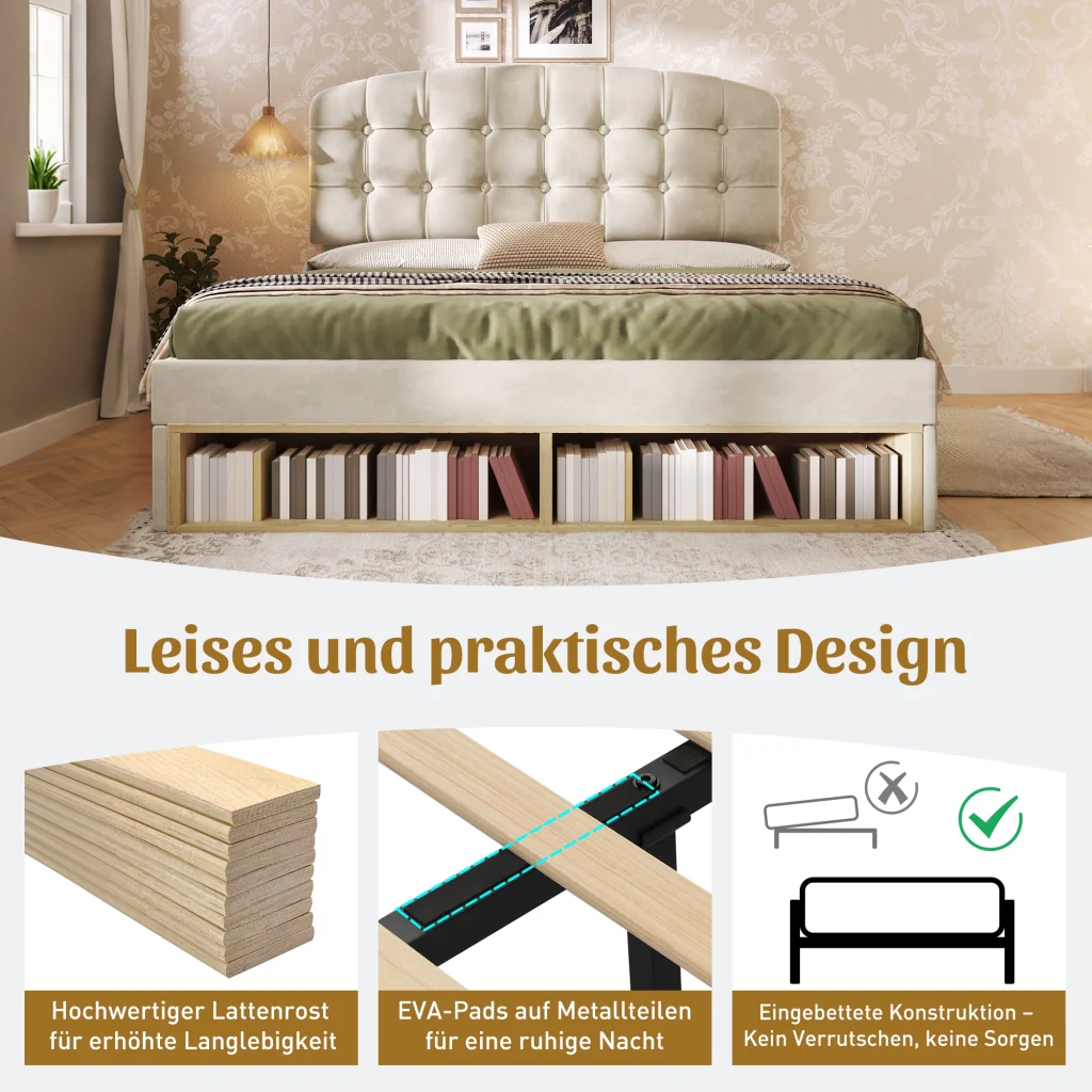 Letto matrimoniale 140x190 rivestito in velluto beige testiera cassetti regolabili e deposito base a listelli (senza materasso) - Image 4