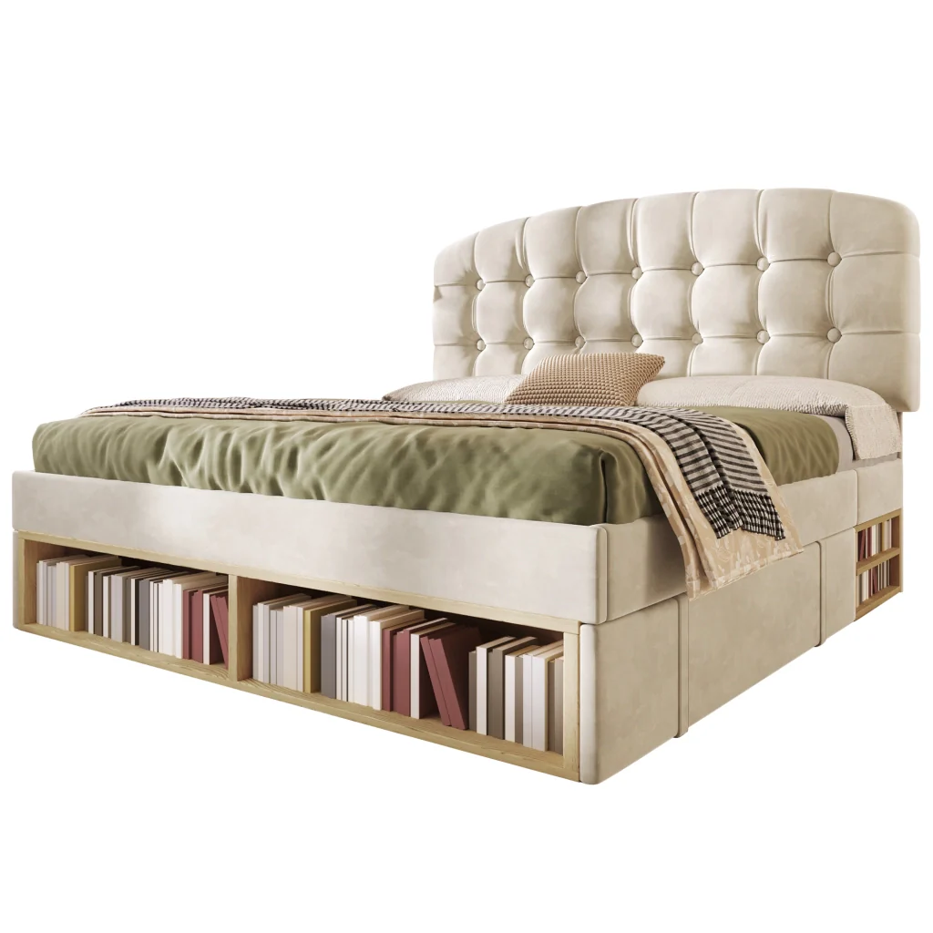 Letto matrimoniale 140x190 rivestito in velluto beige testiera cassetti regolabili e deposito base a listelli (senza materasso) - Image 6