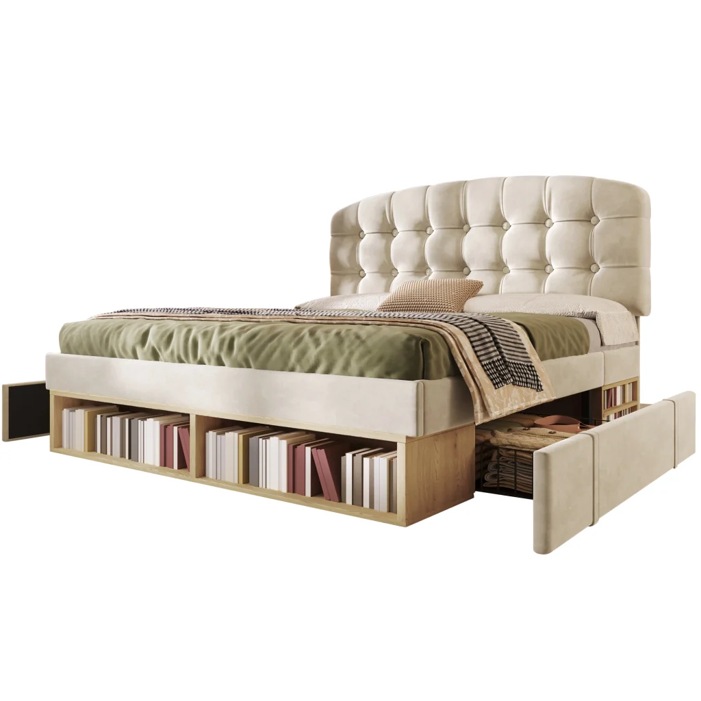 Letto matrimoniale 140x190 rivestito in velluto beige testiera cassetti regolabili e deposito base a listelli (senza materasso) - Image 7
