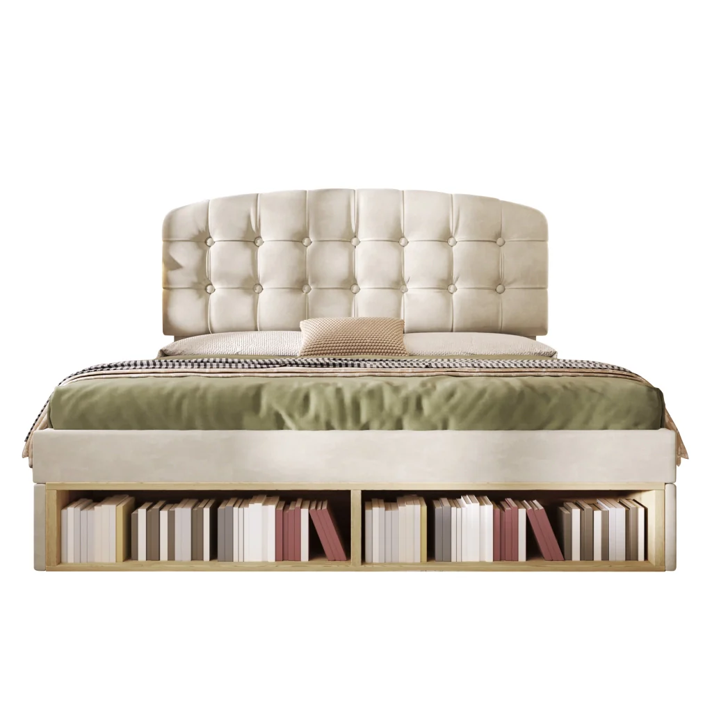 Letto matrimoniale 140x190 rivestito in velluto beige testiera cassetti regolabili e deposito base a listelli (senza materasso) - Image 8