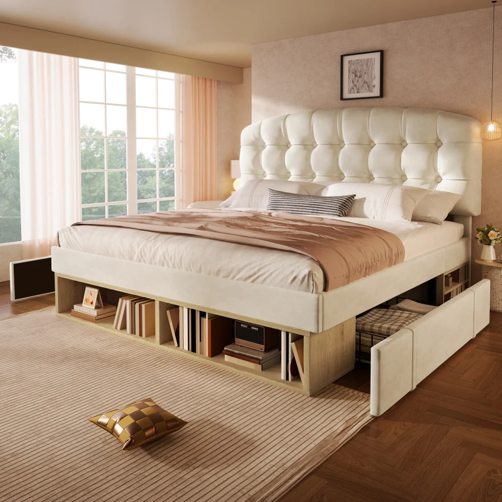 Letto matrimoniale 140x190 rivestito in velluto beige testiera cassetti regolabili e deposito base a listelli (senza materasso) - Image 9