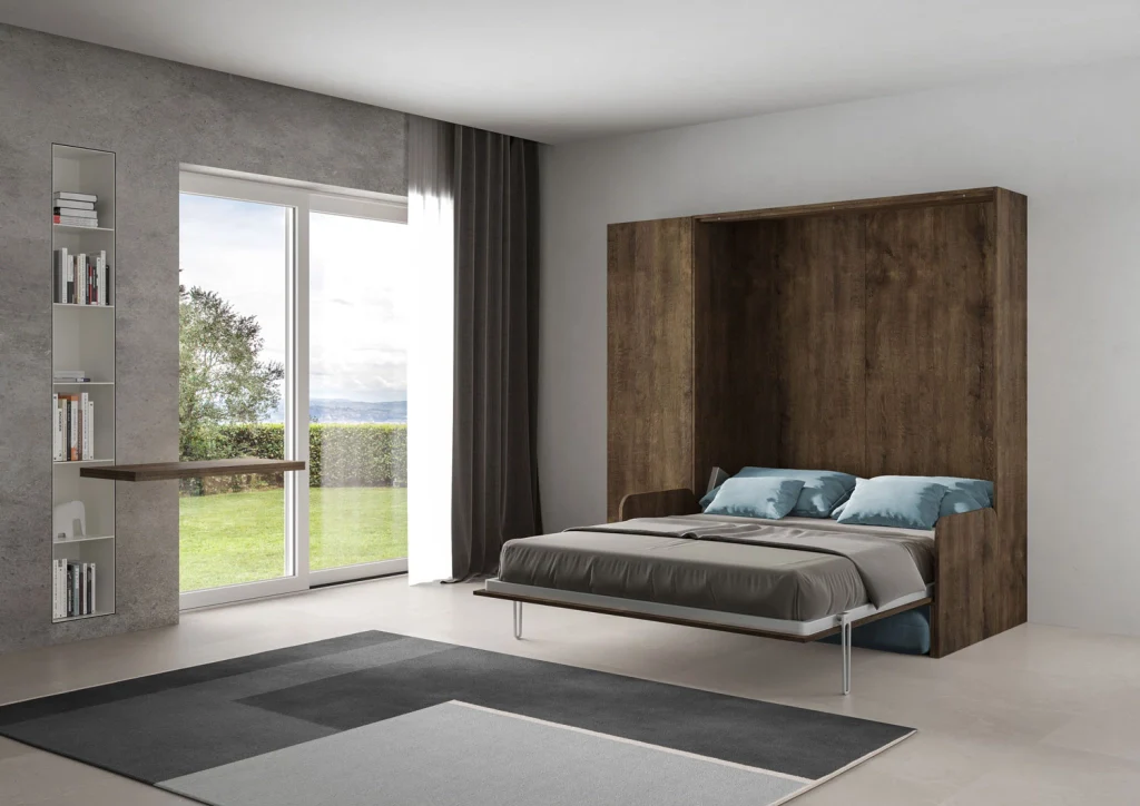 Letto Matrimoniale A Scomparsa 160 Kentaro Con Divano E Colonna Noce e Azzurro - Image 3