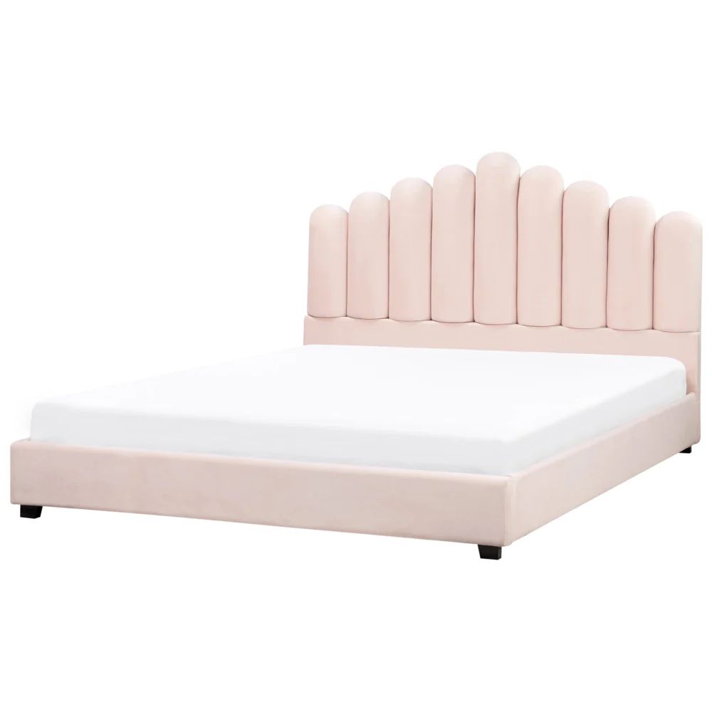 Letto matrimoniale ad acqua in velluto rosa pastello 180 x 200 cm testata alta a conchiglia stile classico retrò