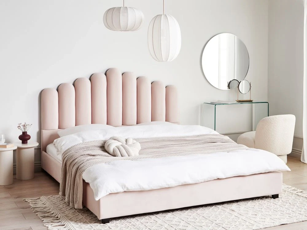 Letto matrimoniale ad acqua in velluto rosa pastello 180 x 200 cm testata alta a conchiglia stile classico retrò - Image 2