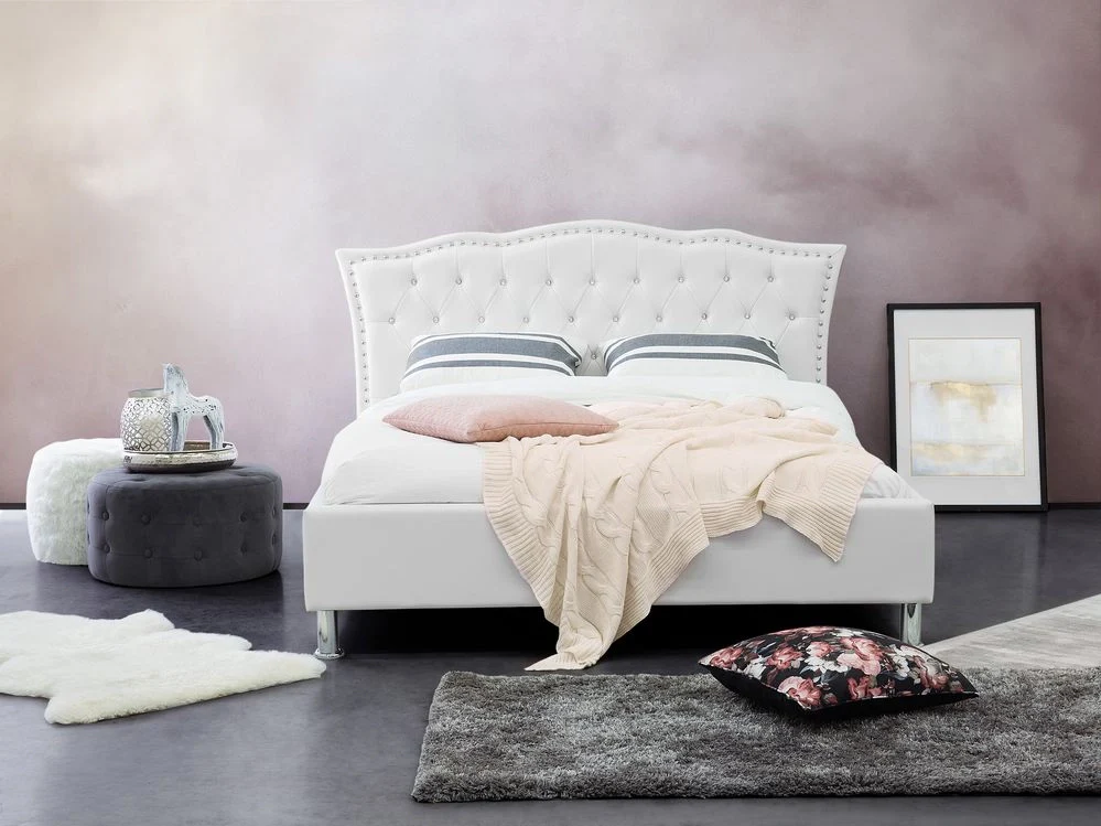 Letto matrimoniale in ecopelle bianca 140 x 200 cm 6 struttura imbottita con rifiniture per la testa dei chiodi con contenitore - Image 3