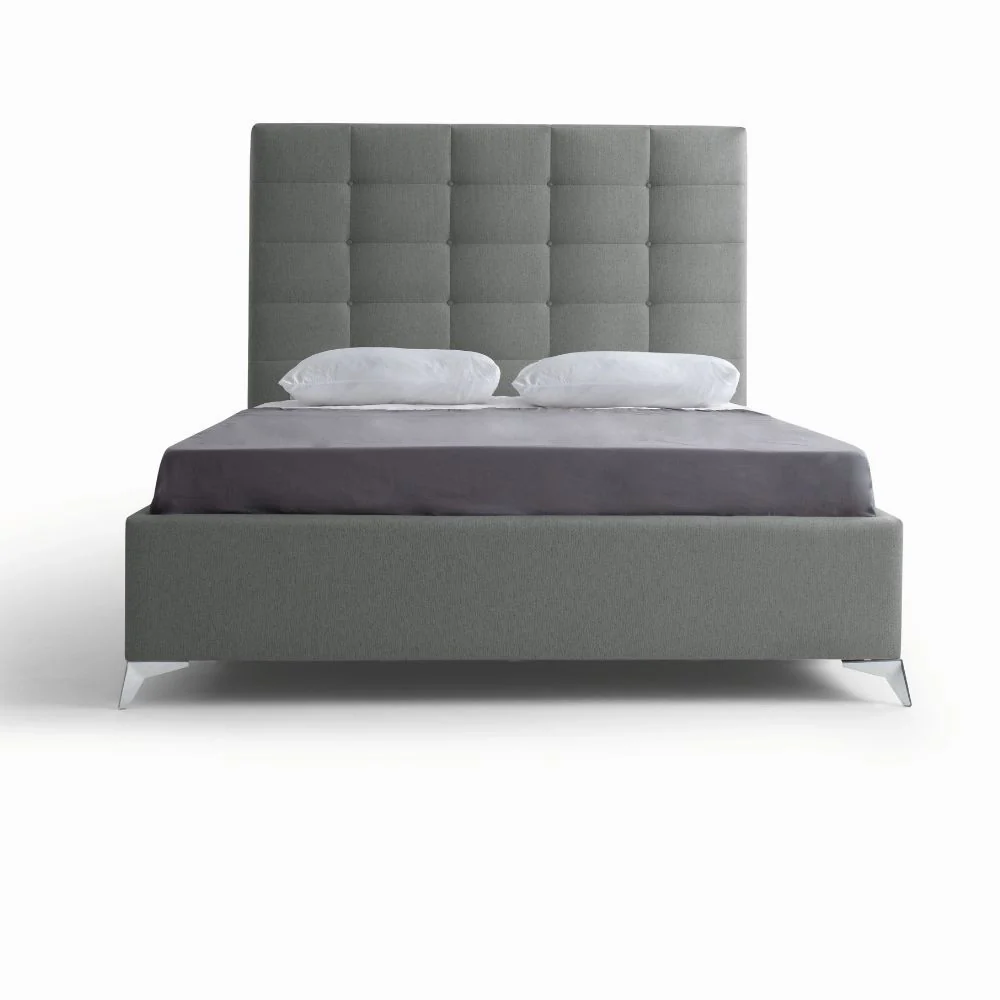 Letto matrimoniale Napoli Grande imbottito con contenitore in tessuto barrel 83 grigio chiaro con bottoni - Image 4