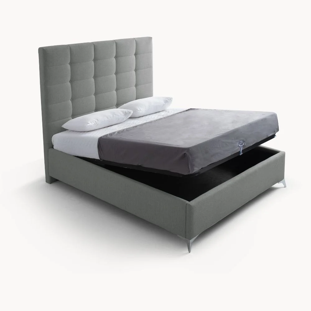 Letto matrimoniale Napoli Grande imbottito con contenitore in tessuto barrel 83 grigio chiaro con bottoni - Image 5