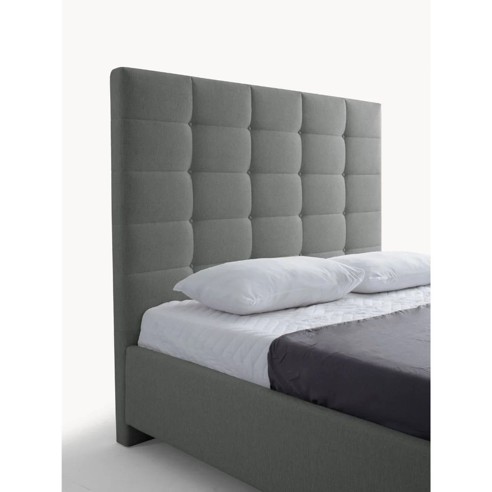 Letto matrimoniale Napoli Grande imbottito con contenitore in tessuto barrel 83 grigio chiaro con bottoni - Image 6