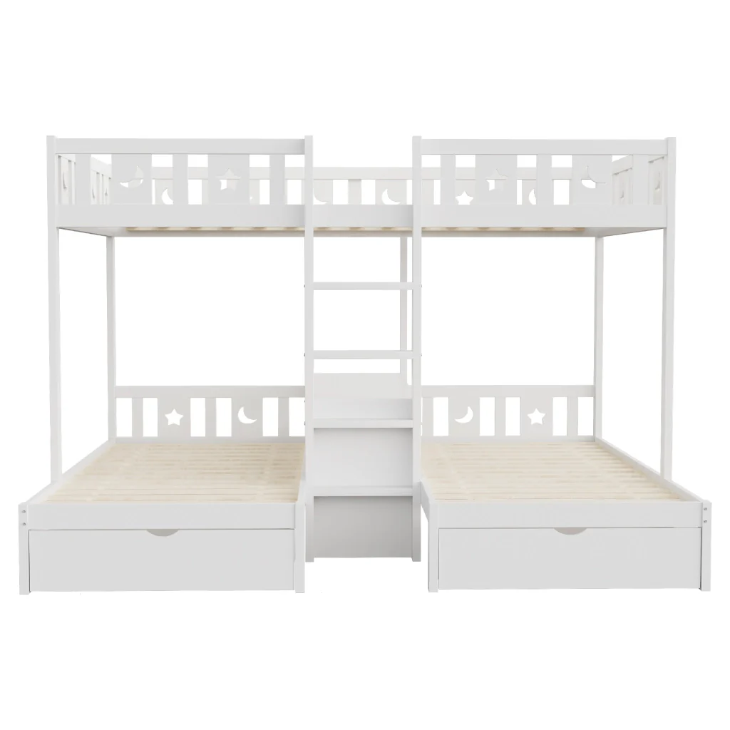 Letto mezzanino bianco 140×200/90×200 cm scala deposito cassetti corrimano a stella/luna letto triplo in legno - Image 8