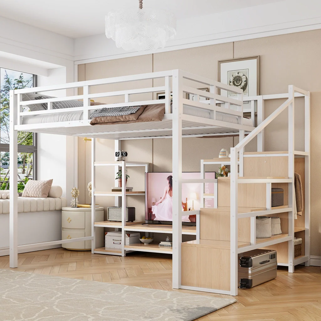 Letto mezzanino bianco 140x200 mobile TV presa a presa scala di sicurezza combinazione metallo-legno letto a castello