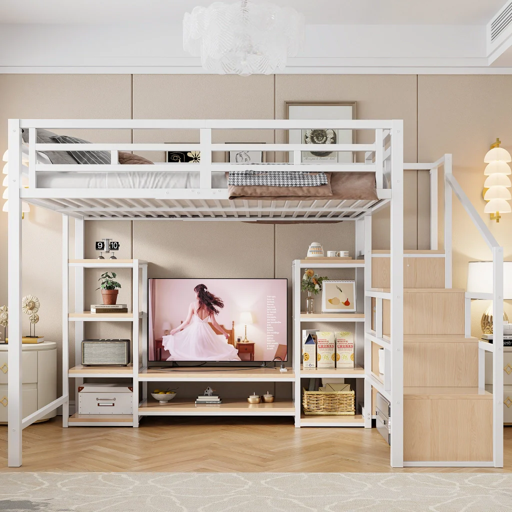 Letto mezzanino bianco 140x200 mobile TV presa a presa scala di sicurezza combinazione metallo-legno letto a castello - Image 4
