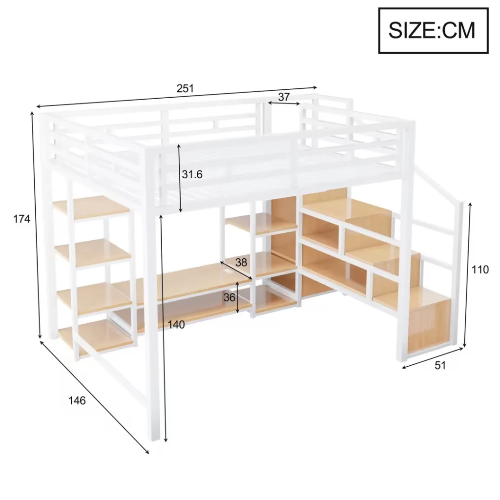 Letto mezzanino bianco 140x200 mobile TV presa a presa scala di sicurezza combinazione metallo-legno letto a castello - Image 5