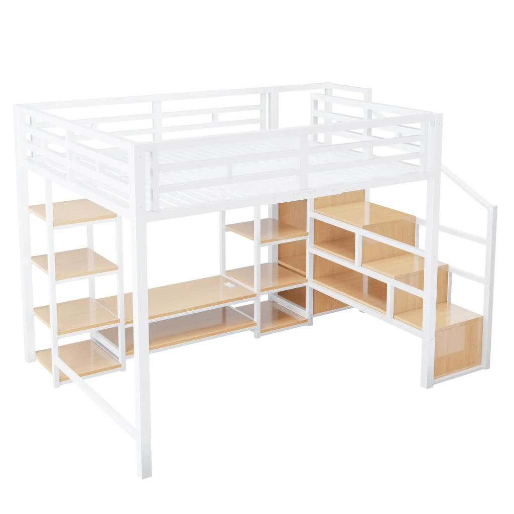Letto mezzanino bianco 140x200 mobile TV presa a presa scala di sicurezza combinazione metallo-legno letto a castello - Image 8