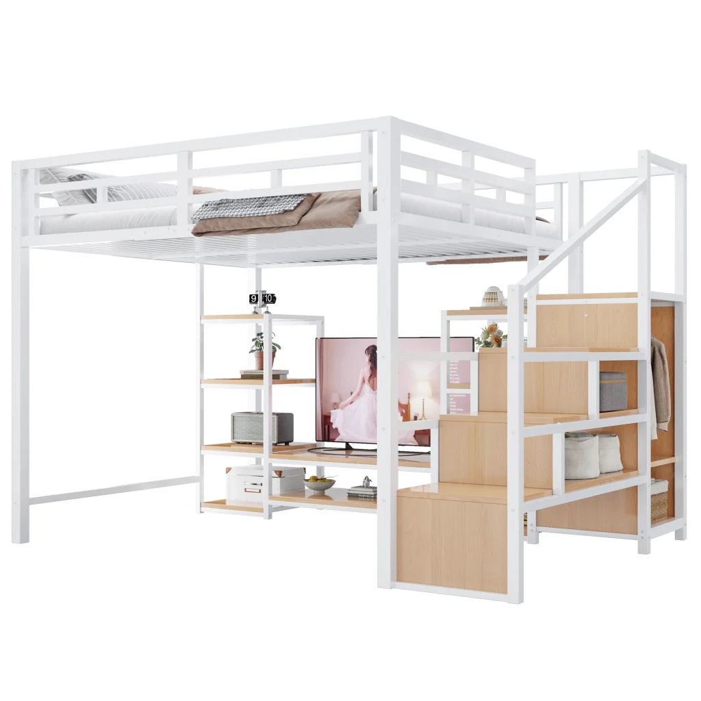 Letto mezzanino bianco 140x200 mobile TV presa a presa scala di sicurezza combinazione metallo-legno letto a castello - Image 9