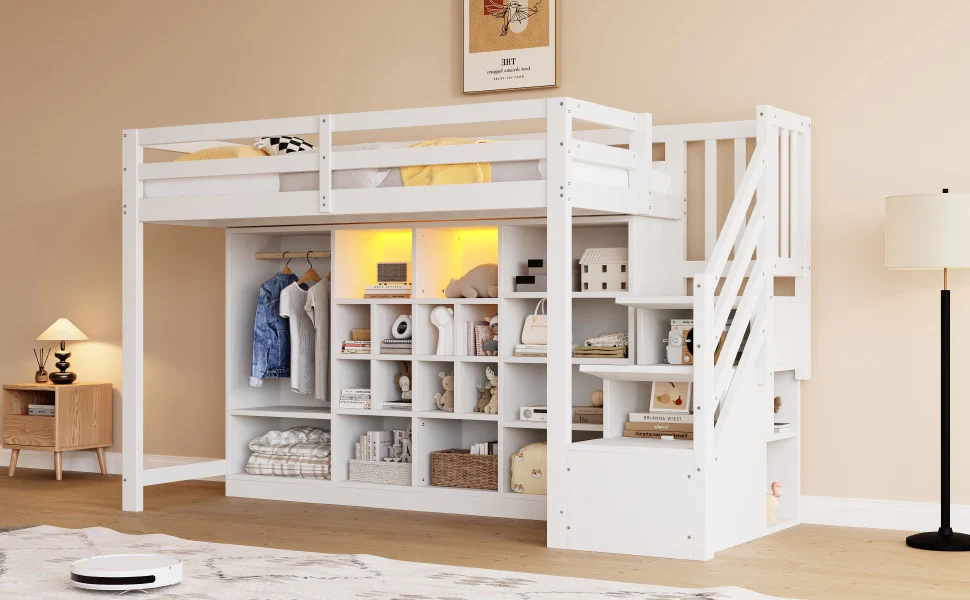 Letto mezzanino bianco 90 x 200 cm armadietti armadio LED scala laterale con ripostiglienza e struttura letto integrata - Image 6