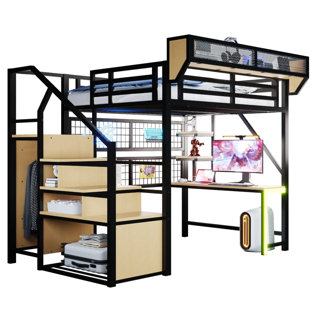 Letto mezzano in metallo 140 × 200 cm nero scrivania scaffale deposito LED presa e corrimano rialzato - Image 10