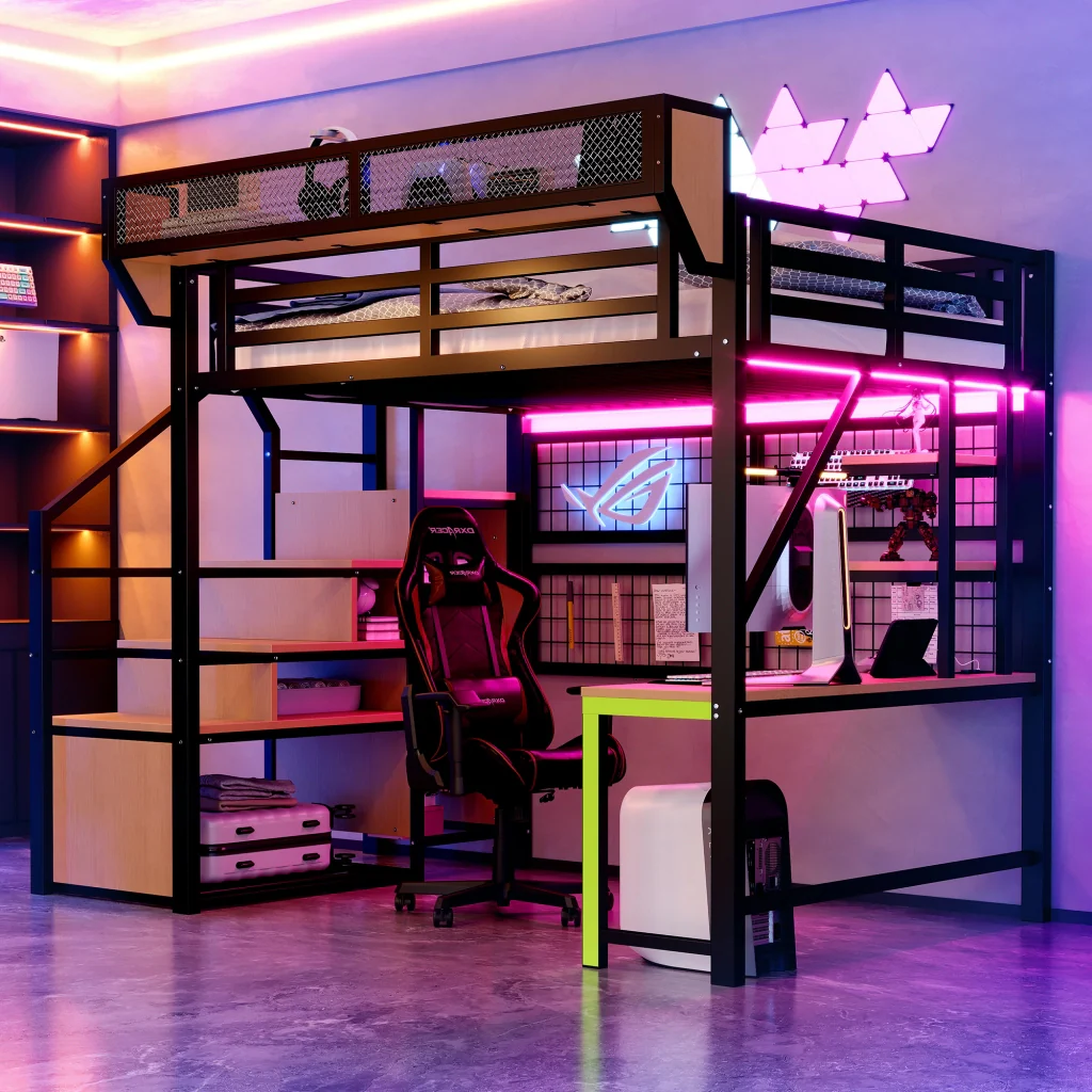 Letto mezzano in metallo 140 × 200 cm nero scrivania scaffale deposito LED presa e corrimano rialzato - Image 3