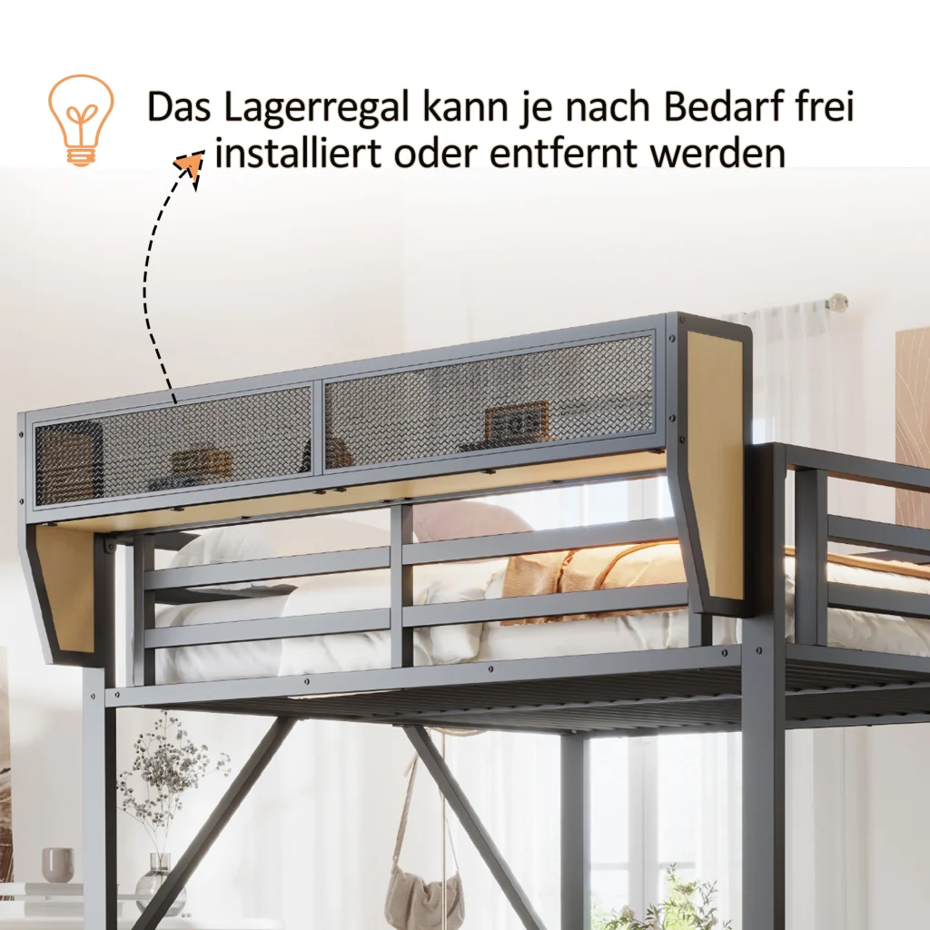 Letto mezzano in metallo 140 × 200 cm nero scrivania scaffale deposito LED presa e corrimano rialzato - Image 4