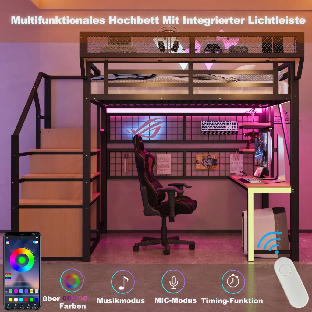 Letto mezzano in metallo 140 × 200 cm nero scrivania scaffale deposito LED presa e corrimano rialzato - Image 5