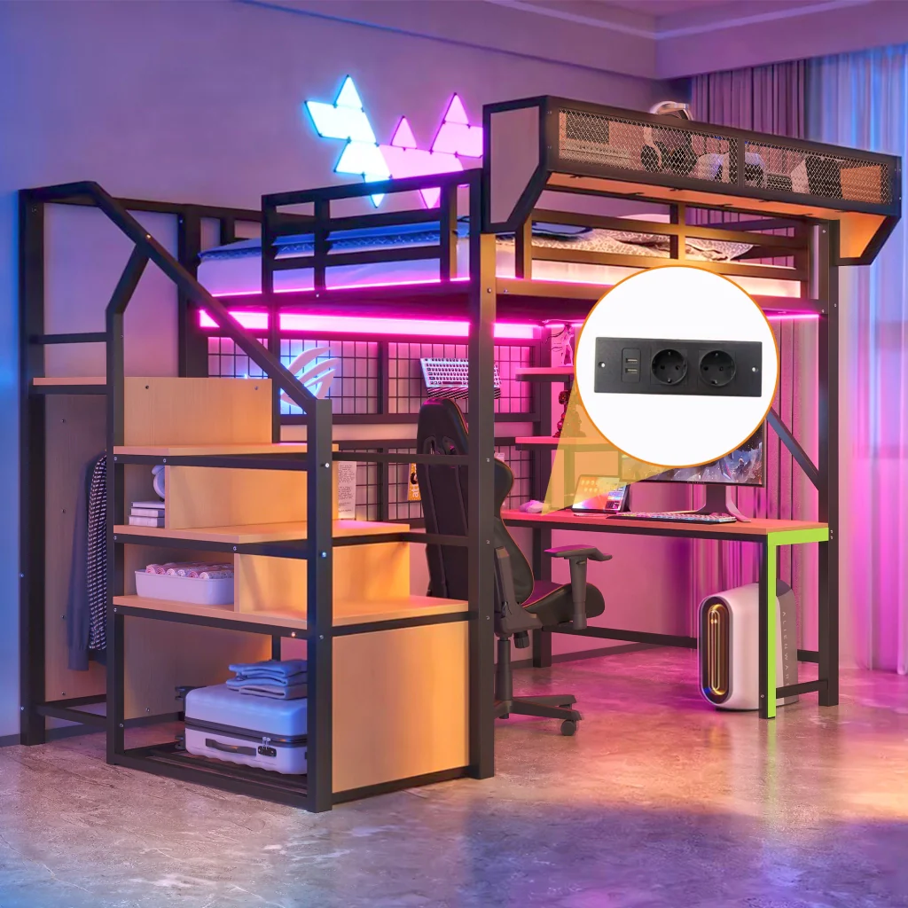 Letto mezzano in metallo 140 × 200 cm nero scrivania scaffale deposito LED presa e corrimano rialzato - Image 6