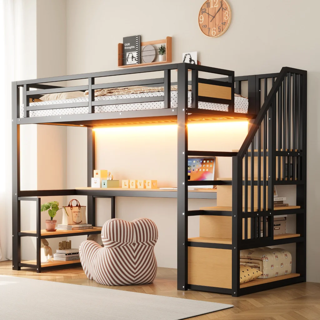 Letto nero in metallo 90*200 striscia LED presa a presa scala con ripostiglio mensole e tavolo da studio