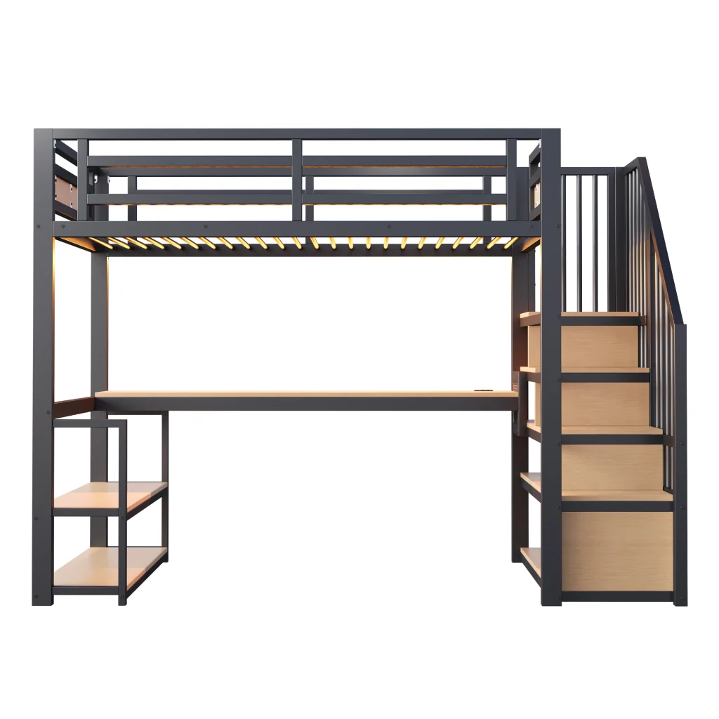 Letto nero in metallo 90*200 striscia LED presa a presa scala con ripostiglio mensole e tavolo da studio - Image 10