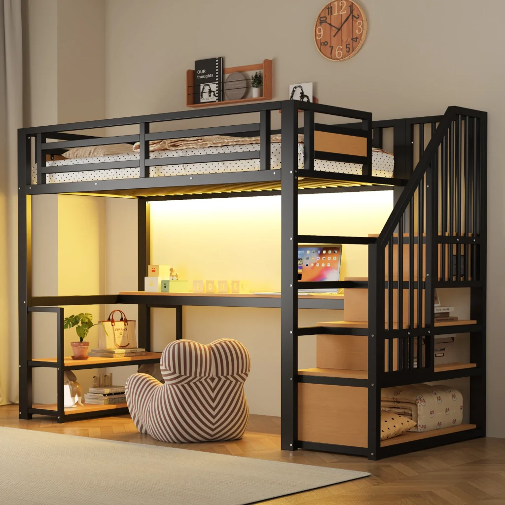 Letto nero in metallo 90*200 striscia LED presa a presa scala con ripostiglio mensole e tavolo da studio - Image 2