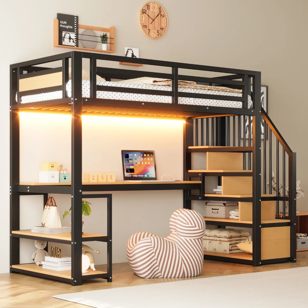 Letto nero in metallo 90*200 striscia LED presa a presa scala con ripostiglio mensole e tavolo da studio - Image 4