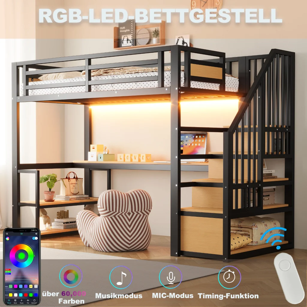 Letto nero in metallo 90*200 striscia LED presa a presa scala con ripostiglio mensole e tavolo da studio - Image 5