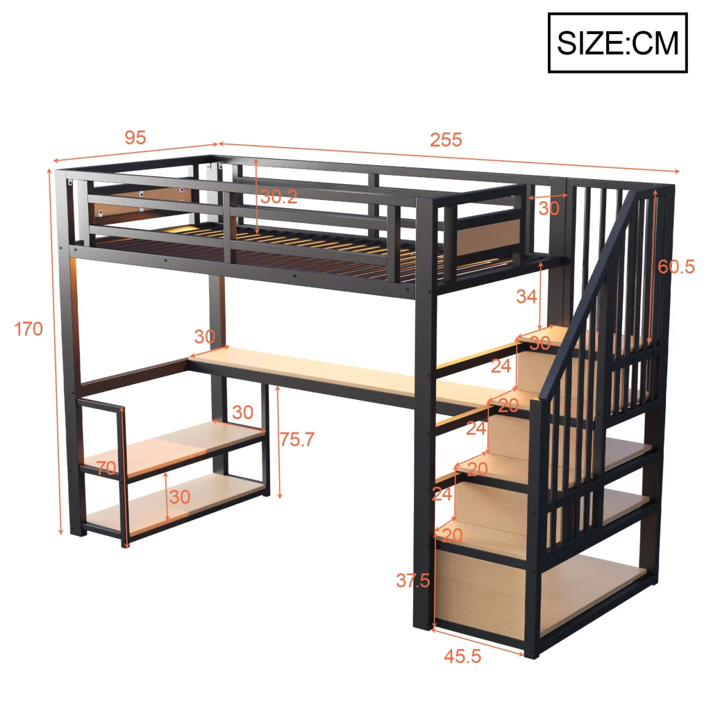 Letto nero in metallo 90*200 striscia LED presa a presa scala con ripostiglio mensole e tavolo da studio - Image 7
